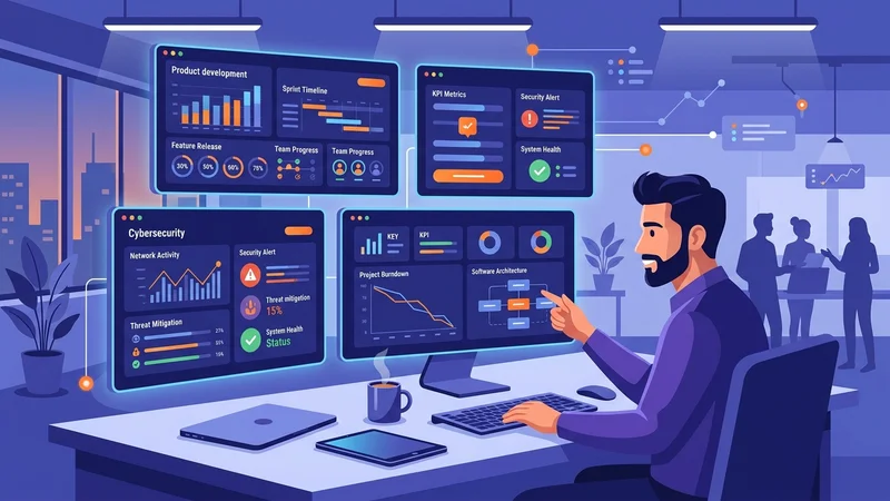 CTO reviewing multiple dashboards showing product development and cybersecurity metrics
