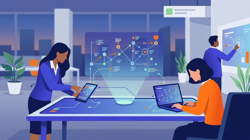 Business professionals reviewing digital transformation roadmap on connected devices