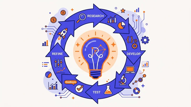 Lightbulb surrounded by iterative cycle arrows representing continuous innovation process