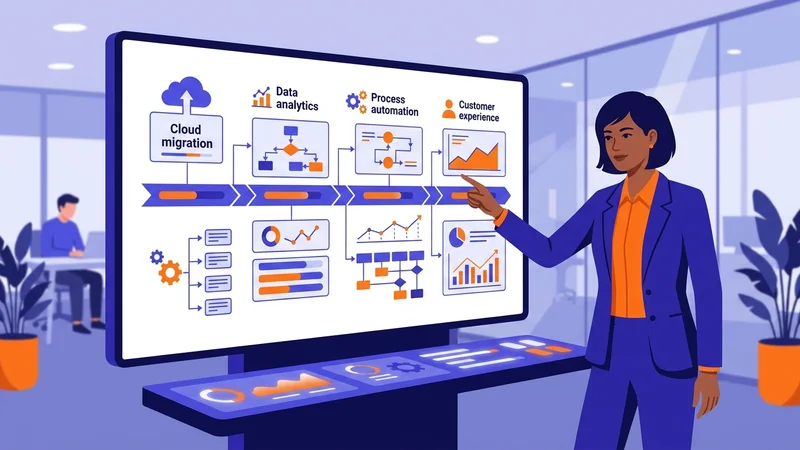 Business leader reviewing a digital transformation roadmap on a large interactive display