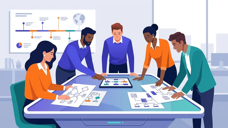 Team collaborating around a table with strategic planning documents and technology diagrams