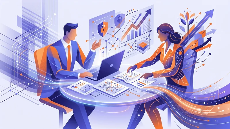 Business executive reviewing technology roadmap with contracted technology advisor over laptop and strategy documents