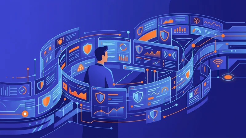 Cybersecurity professional monitoring threat dashboards and protective shield icons across enterprise network infrastructure screens