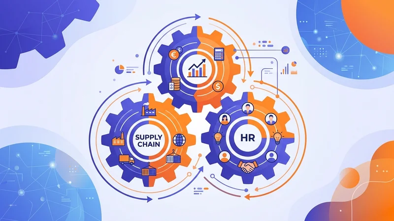 Interconnected gears representing unified finance, HR, and supply chain business departments