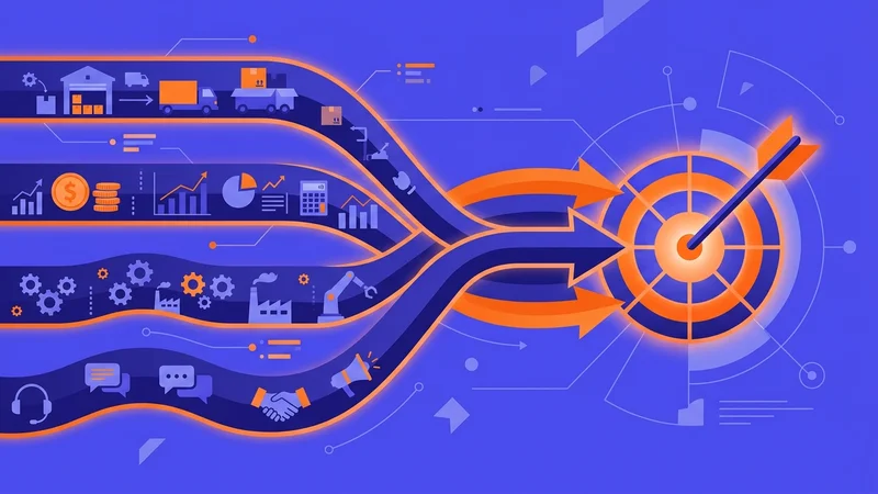 Converging arrows aligning multiple business process streams toward a central strategic target