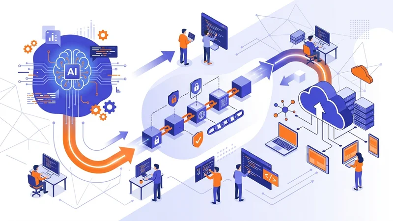 Digital transformation workflow connecting AI blockchain and cloud computing systems together