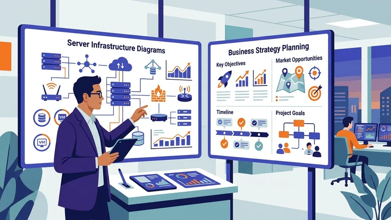 IT consultant analyzing server infrastructure diagrams alongside business strategy planning boards