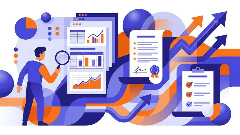 Financial analyst examining technology spending charts with magnifying glass alongside vendor contracts and audit checklists