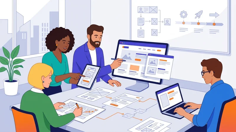 Team collaborating on website layout mockups and navigation wireframe designs