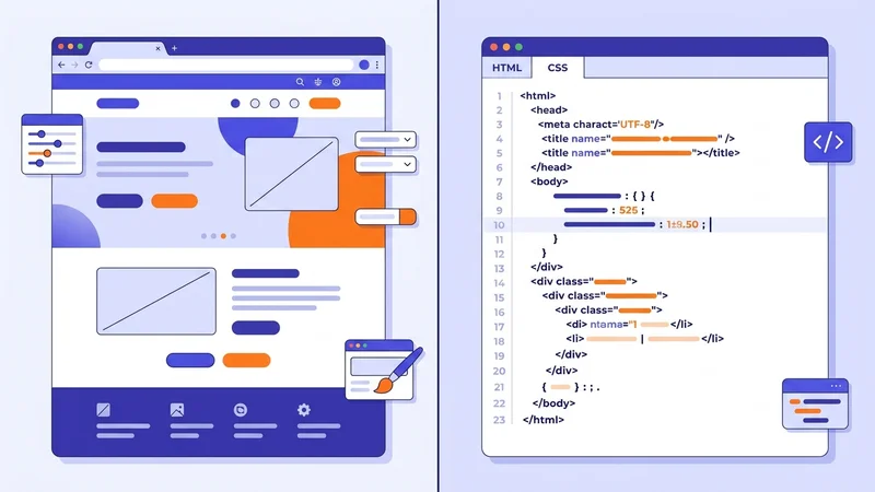 Split screen comparing visual web design interface with HTML CSS code editor