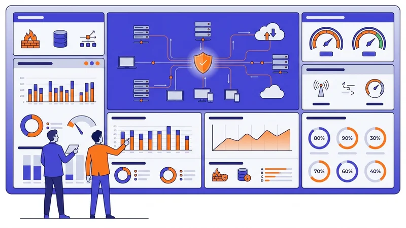 Technology infrastructure assessment dashboard showing network security and system diagnostics
