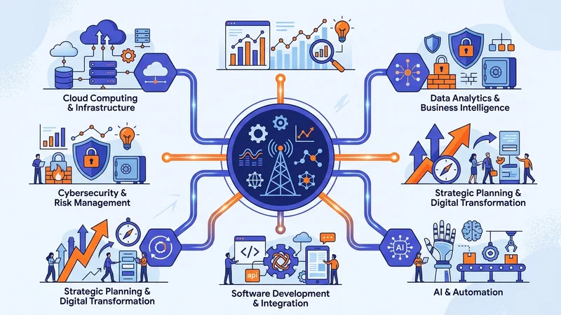 Diverse IT consulting specialties branching from a central technology management hub