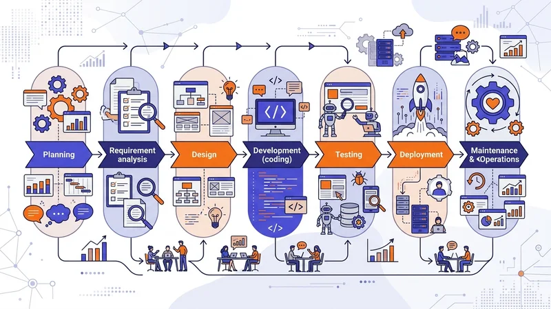 Flowchart showing software development lifecycle stages from planning through deployment and maintenance