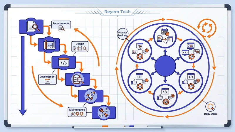 Side-by-side comparison of waterfall and agile project methodology workflows on a whiteboard