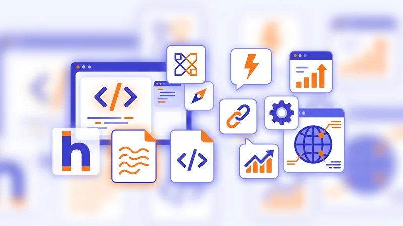 Web development technology stack icons including HTML, CSS, JavaScript, and frameworks