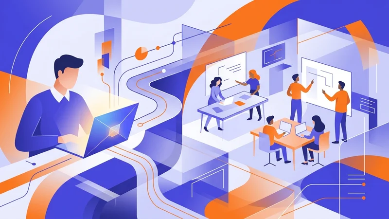Business executive reviewing technology roadmap on laptop while team collaborates around modern startup office workspace