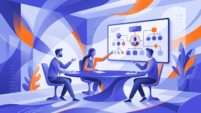 Three professionals at conference table discussing leadership roles with organizational chart displayed on wall screen