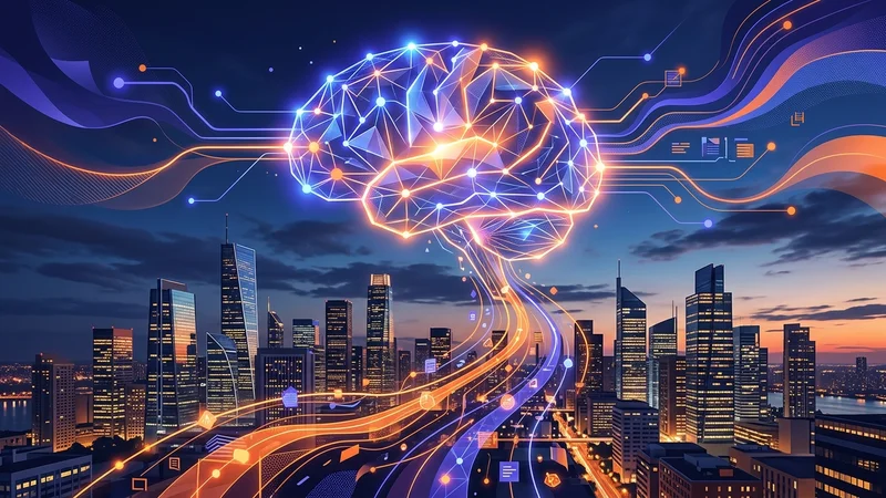Glowing neural network pathways connecting data streams above a modern corporate skyline at dusk