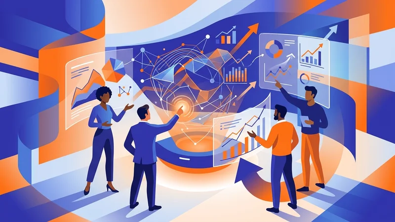 Diverse business team analyzing holographic charts and predictive analytics dashboards in a collaborative workspace