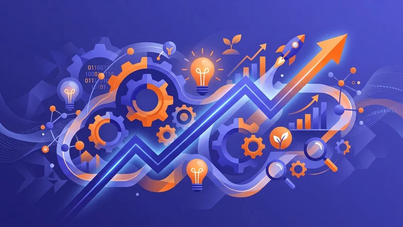 Upward-trending graph surrounded by gears, lightbulbs, and digital icons symbolizing growth and efficiency gains