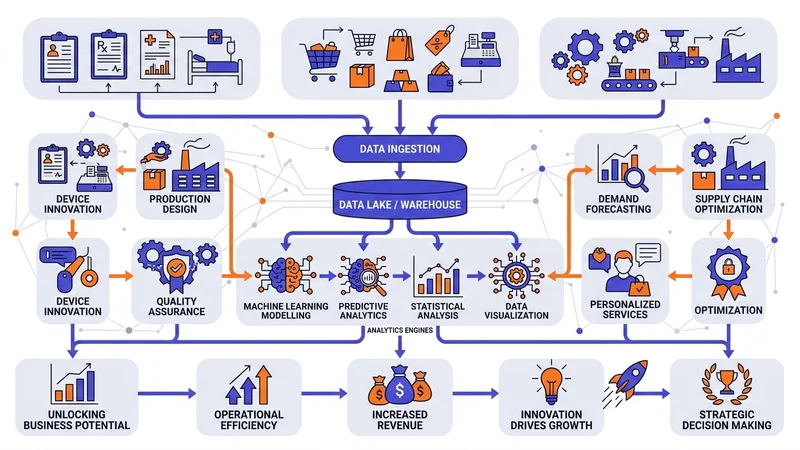Cross-industry data analytics workflow connecting healthcare retail and manufacturing sectors