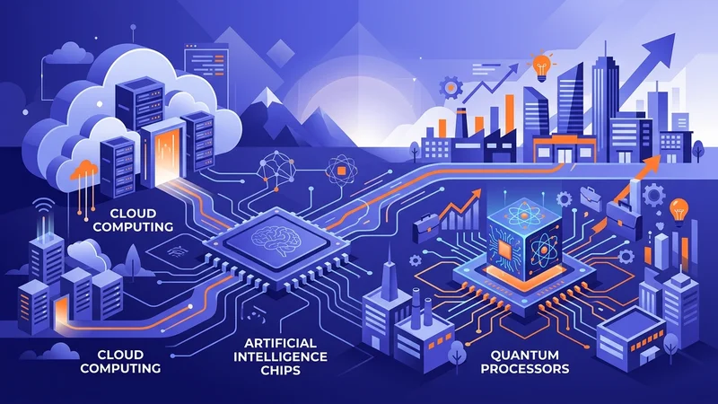 Futuristic technology landscape featuring cloud computing, artificial intelligence chips, and quantum processors