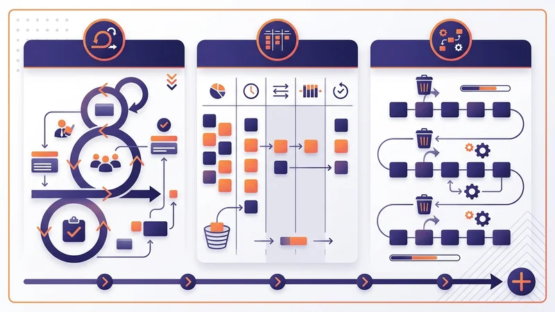 Diagram comparing Scrum, Kanban, and Lean agile framework structures side by side