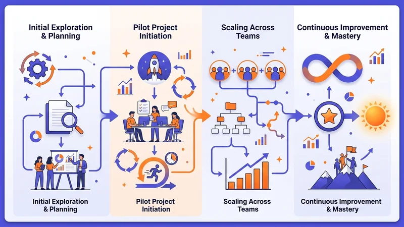 Step-by-step roadmap showing phases of agile methodology adoption in an organization