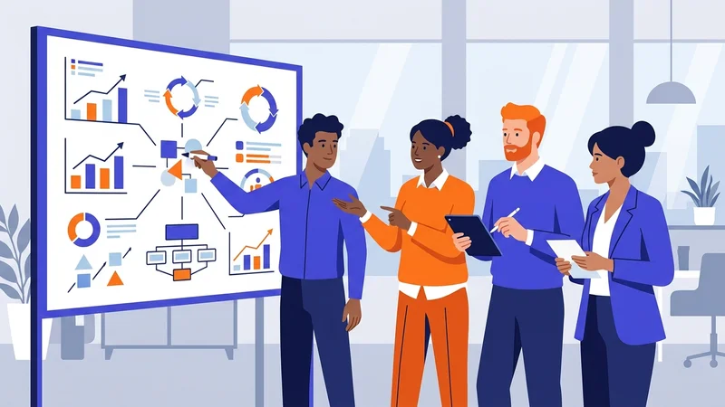 Team reviewing strategic mentoring program objectives on a planning whiteboard together
