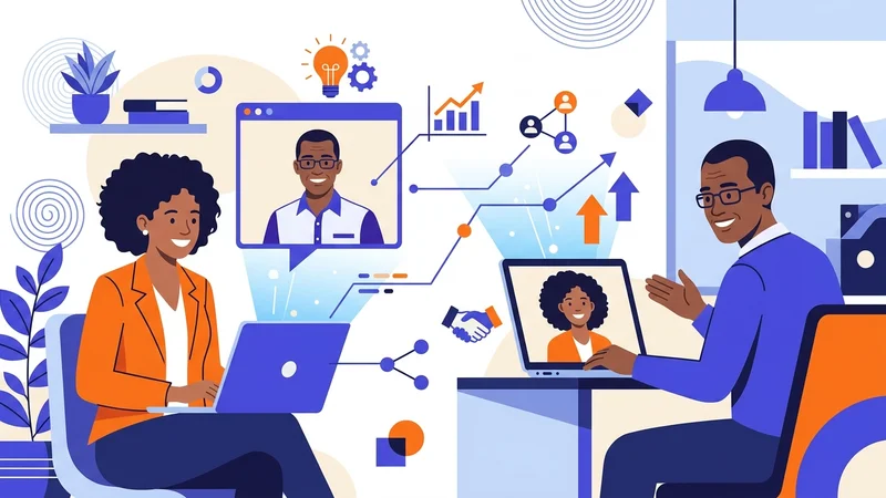 Two professionals connecting through a virtual mentoring session on laptop screens