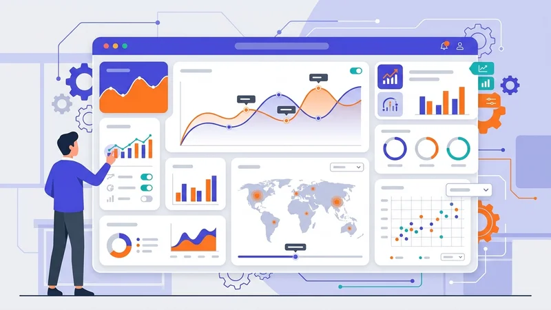 Interactive business dashboard displaying real-time analytics with colorful data visualizations and KPI metrics