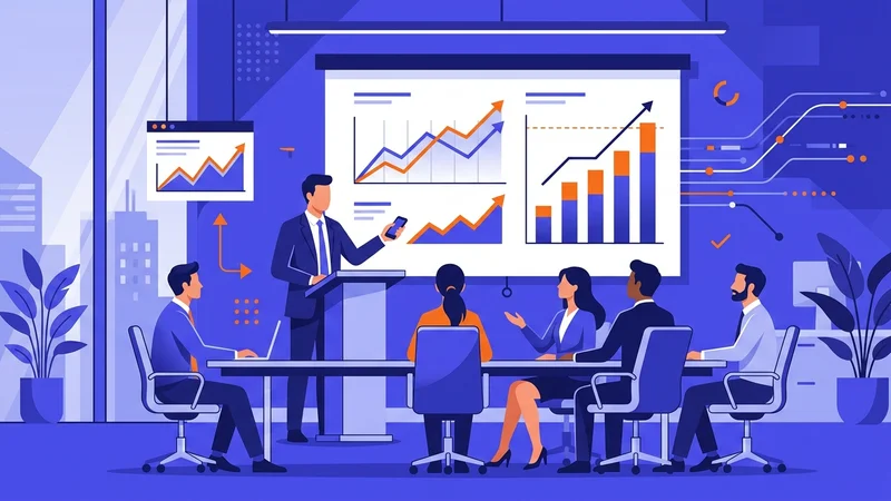 Professional presenting growth strategy results to executives using projected performance charts