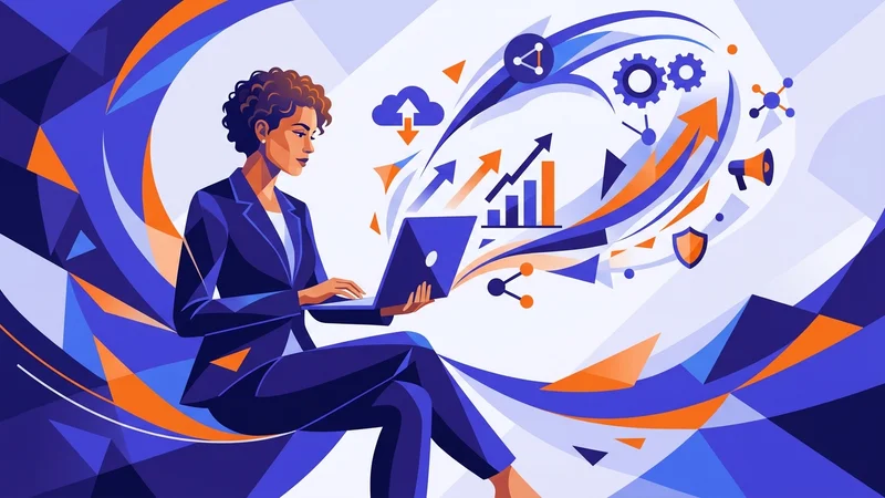 Business leader reviewing digital strategy on laptop with growth charts and technology icons floating around