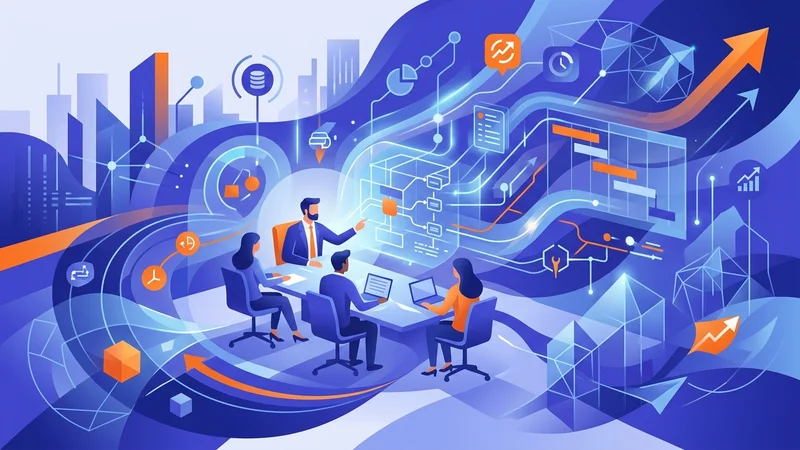 Executive overseeing team meeting with roadmap diagrams showing software architecture and project planning workflows