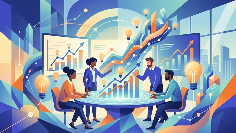 Diverse professionals collaborating around table with upward trending graphs and innovation lightbulb symbols nearby