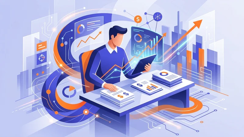 Business executive reviewing digital strategy charts on tablet while balancing budget documents on modern office desk