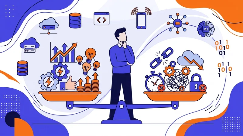 Split scene showing professional weighing benefits and drawbacks on balanced scale with technology icons floating around