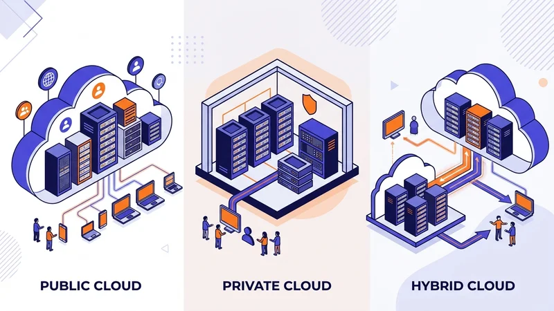 Three cloud deployment models showing public private and hybrid server configurations
