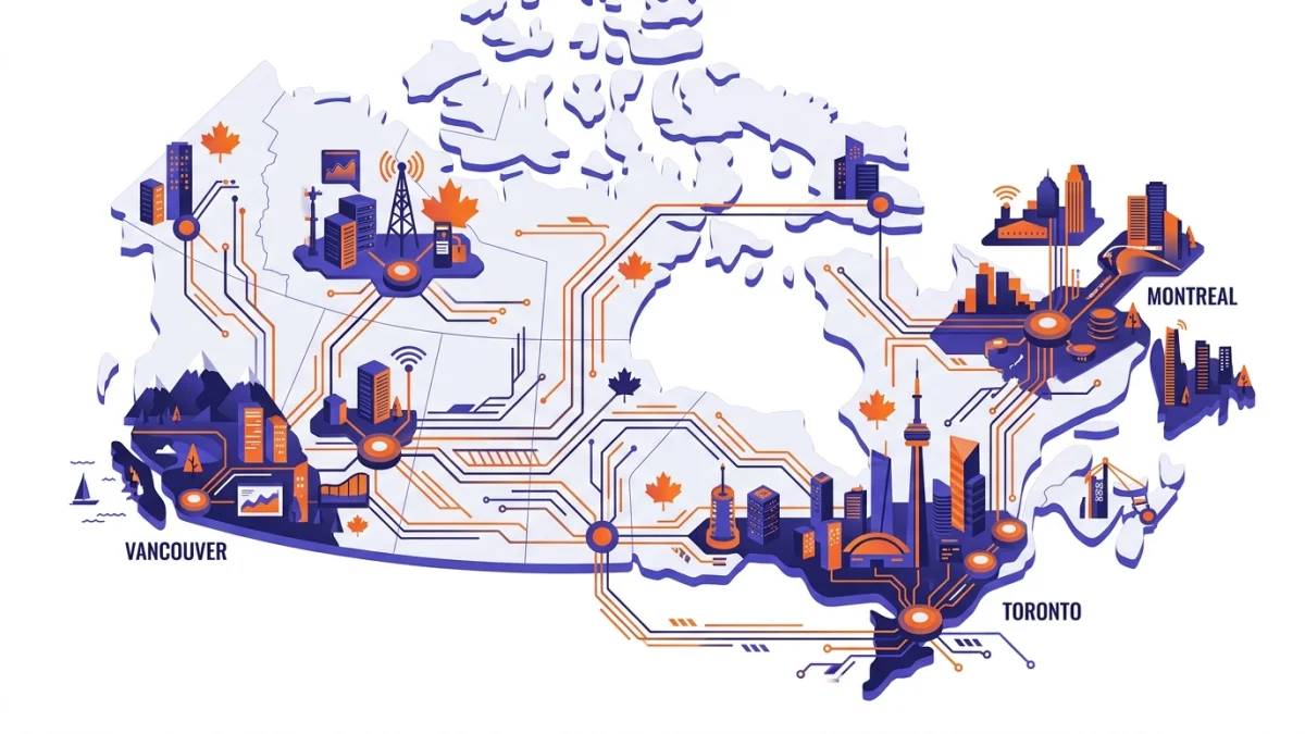 Canadian tech ecosystem showing major hubs in Toronto, Vancouver, and Montreal connected by technology networks