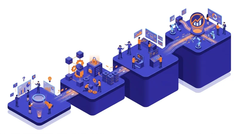 Business operations evolving from manual paper processes to connected digital workflows with data flowing between systems