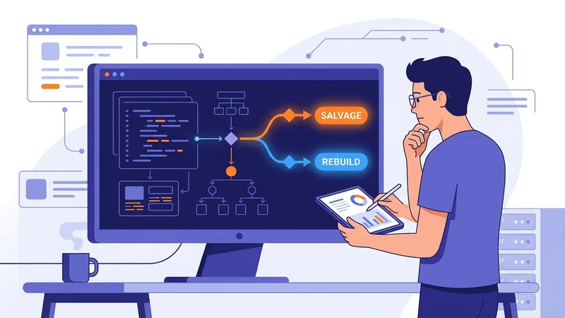 Engineer examining codebase architecture on screen deciding between rebuild and salvage paths